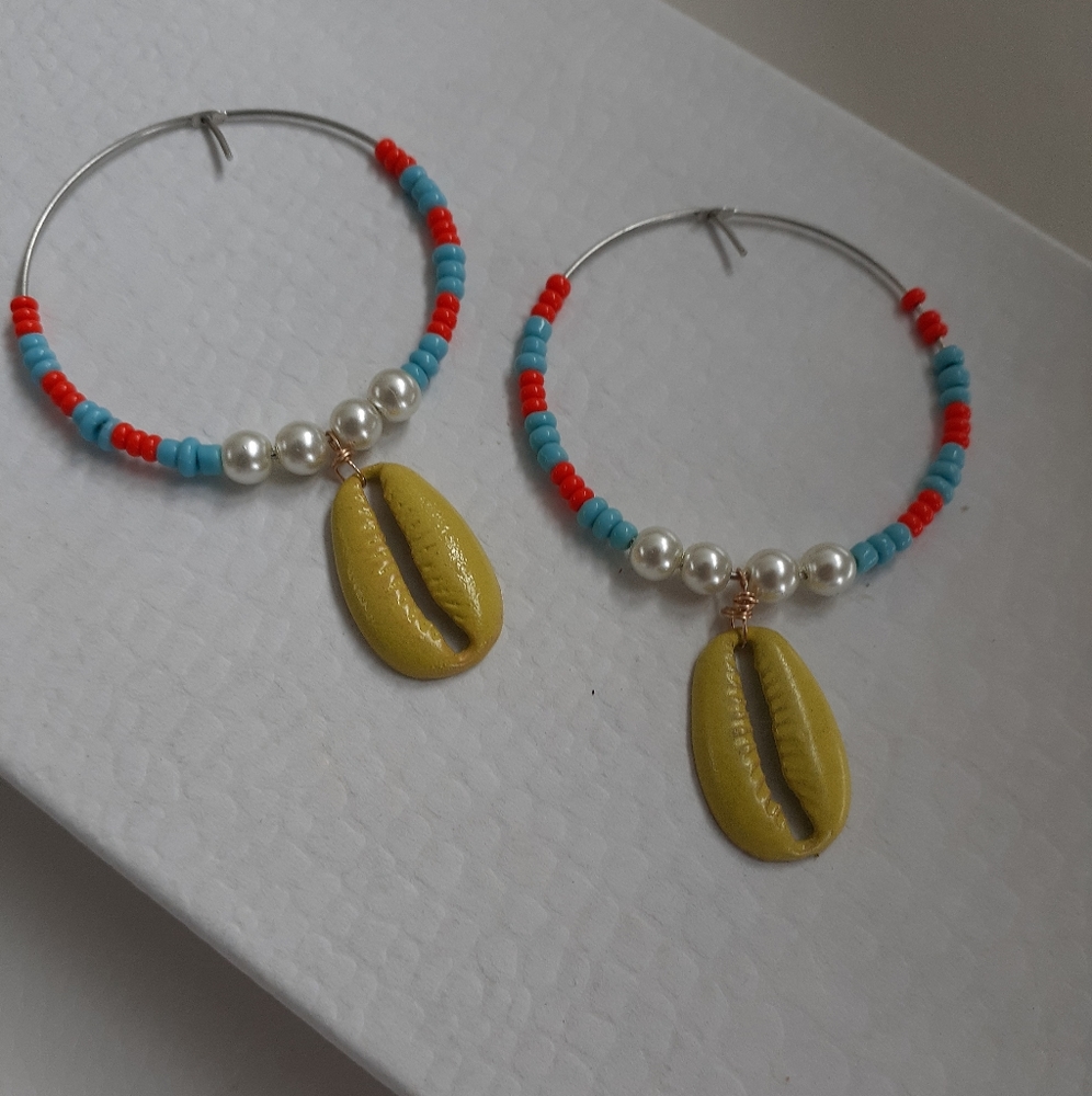 Beaded Hoop Cowrie Earring